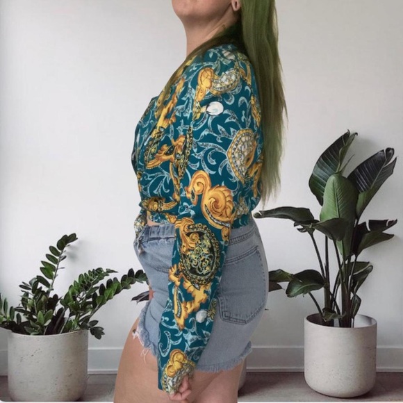 Vintage Y2K 90s Print Light Blazer Open Blouse M Blue Gold Flowy Medium - Picture 3 of 9